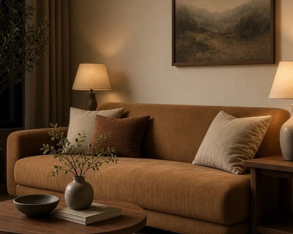 A brown sofa and beige walls in a living room lit by warm lamps