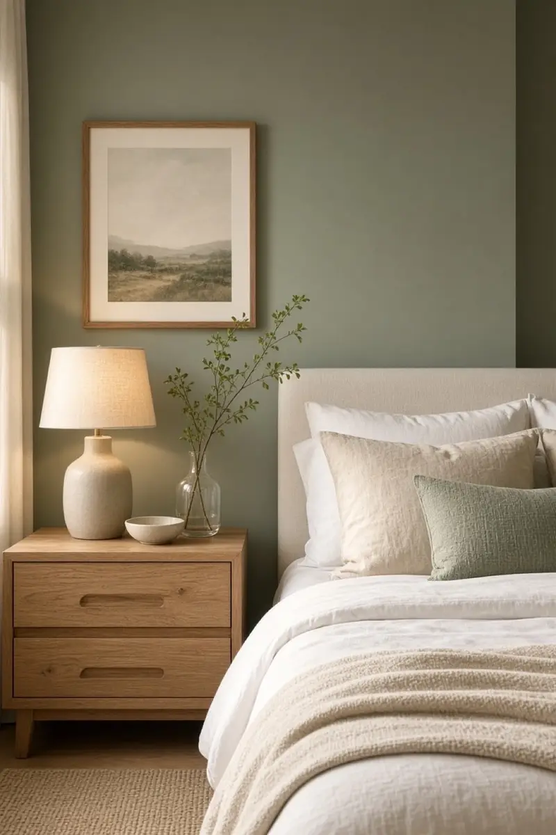 A sage bedroom with cream bedding, an oak nightstand, and warm lamp light