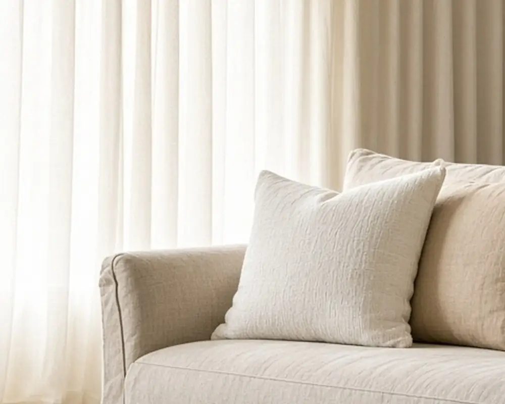 An illustrated living room with a linen sofa, full pillows, tall curtains, and a pleated lampshade