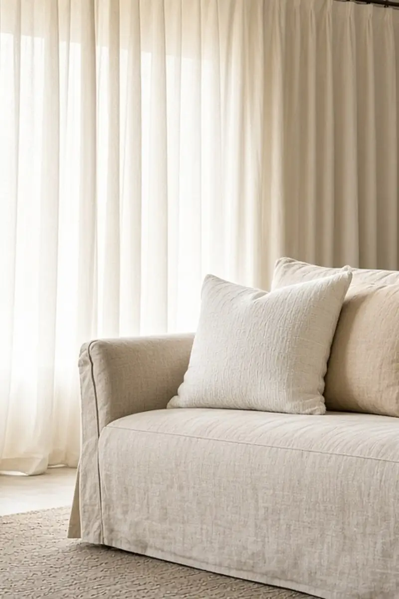 An illustrated living room with a linen sofa, full pillows, tall curtains, and a pleated lampshade