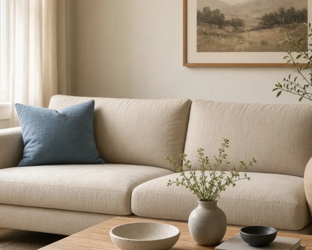 A beige sofa with one dusty blue pillow and a warm oak table