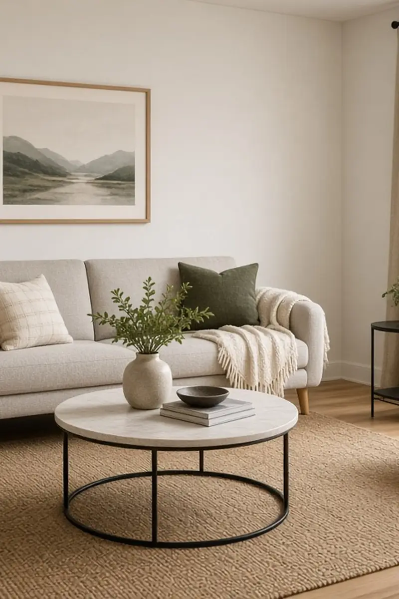 A small living room with an apartment sofa, a round coffee table, and a slim chair by the window