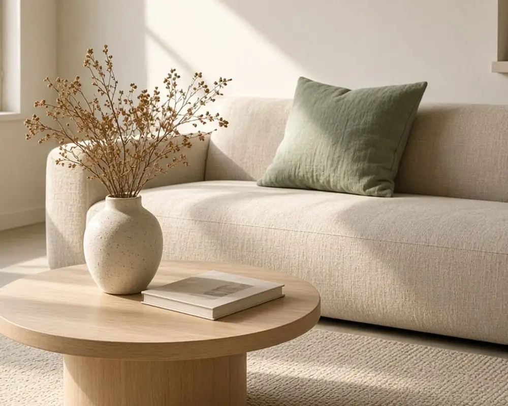 A cream living room with an oatmeal sofa, a round oak coffee table, and a sage pillow in afternoon light