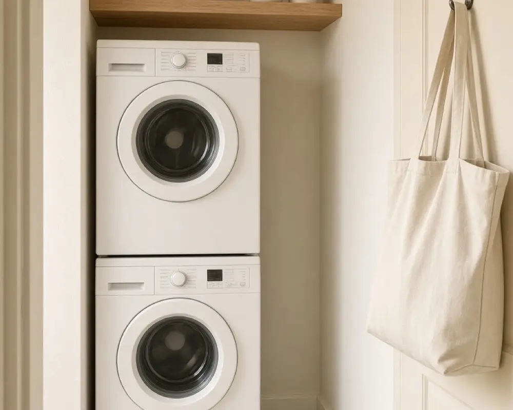 A narrow laundry nook with stacked machines, one wood shelf, and a clear floor
