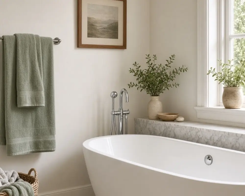 A bathroom with warm white walls, a white tub, and sage towels