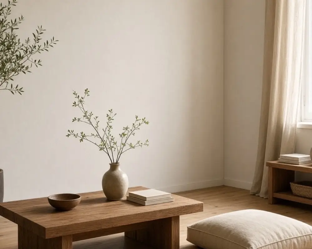 A small apartment with a low wood table, one floor cushion, and a clear floor