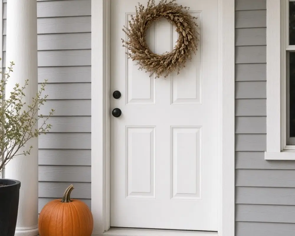 A small porch with one pumpkin, a coir mat, and a simple wreath