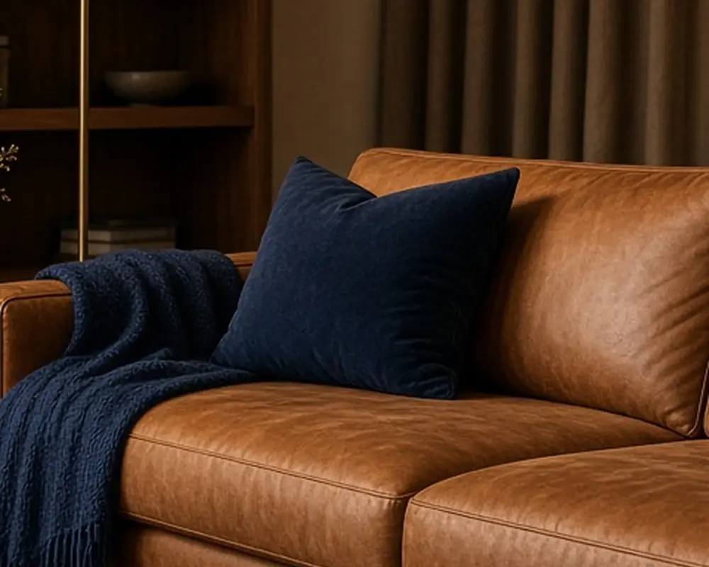 An illustrated north-facing living room with a brown sofa, a navy rug, and a walnut table