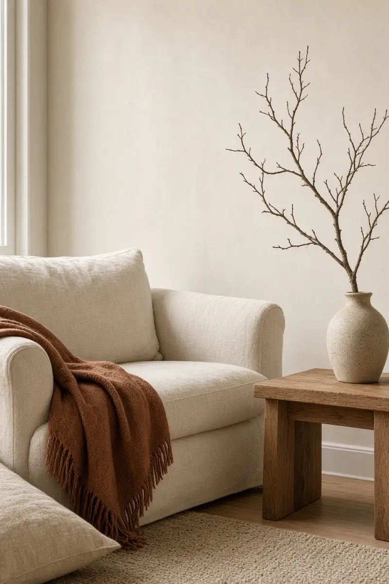 A cream sofa with one rust throw and a branch in a simple vase