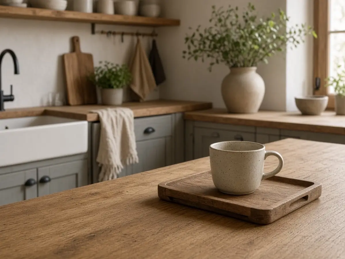 A clear square of counter in front of a coffee tray, one cup waiting