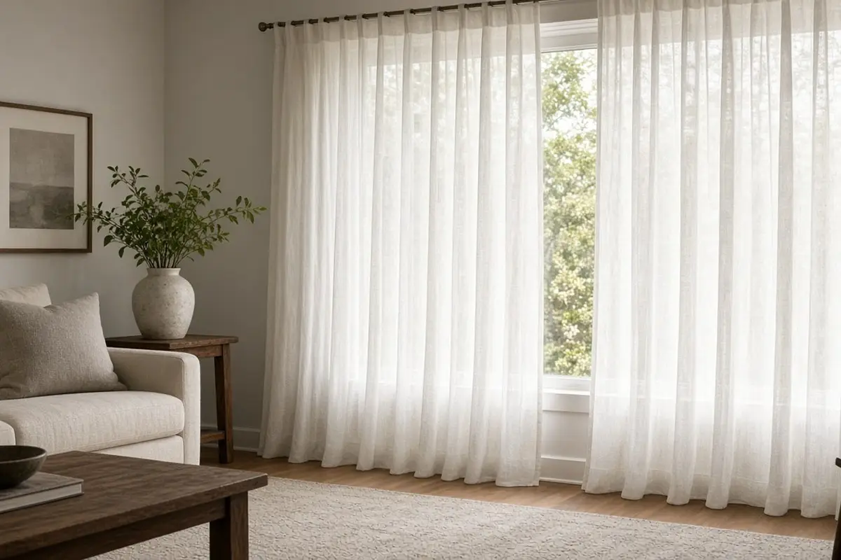 Floor-length curtains hung just below the ceiling