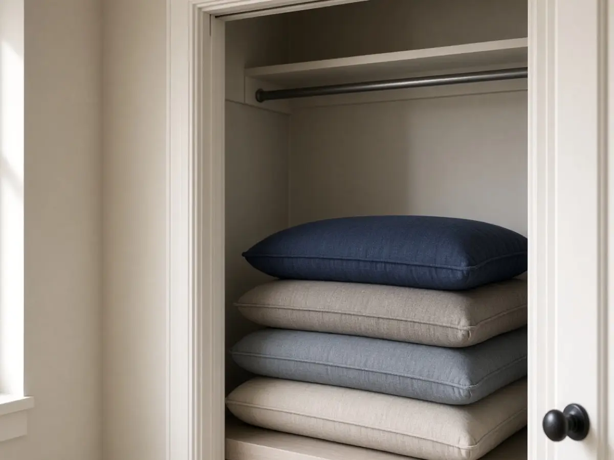 Outdoor cushions brought inside and stacked by a closet, balcony left clear