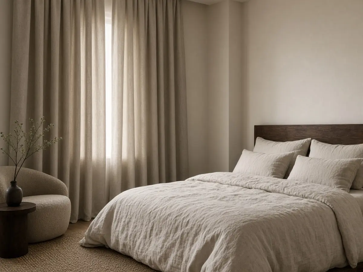 Lined curtains closed over a bedroom window that faces the street