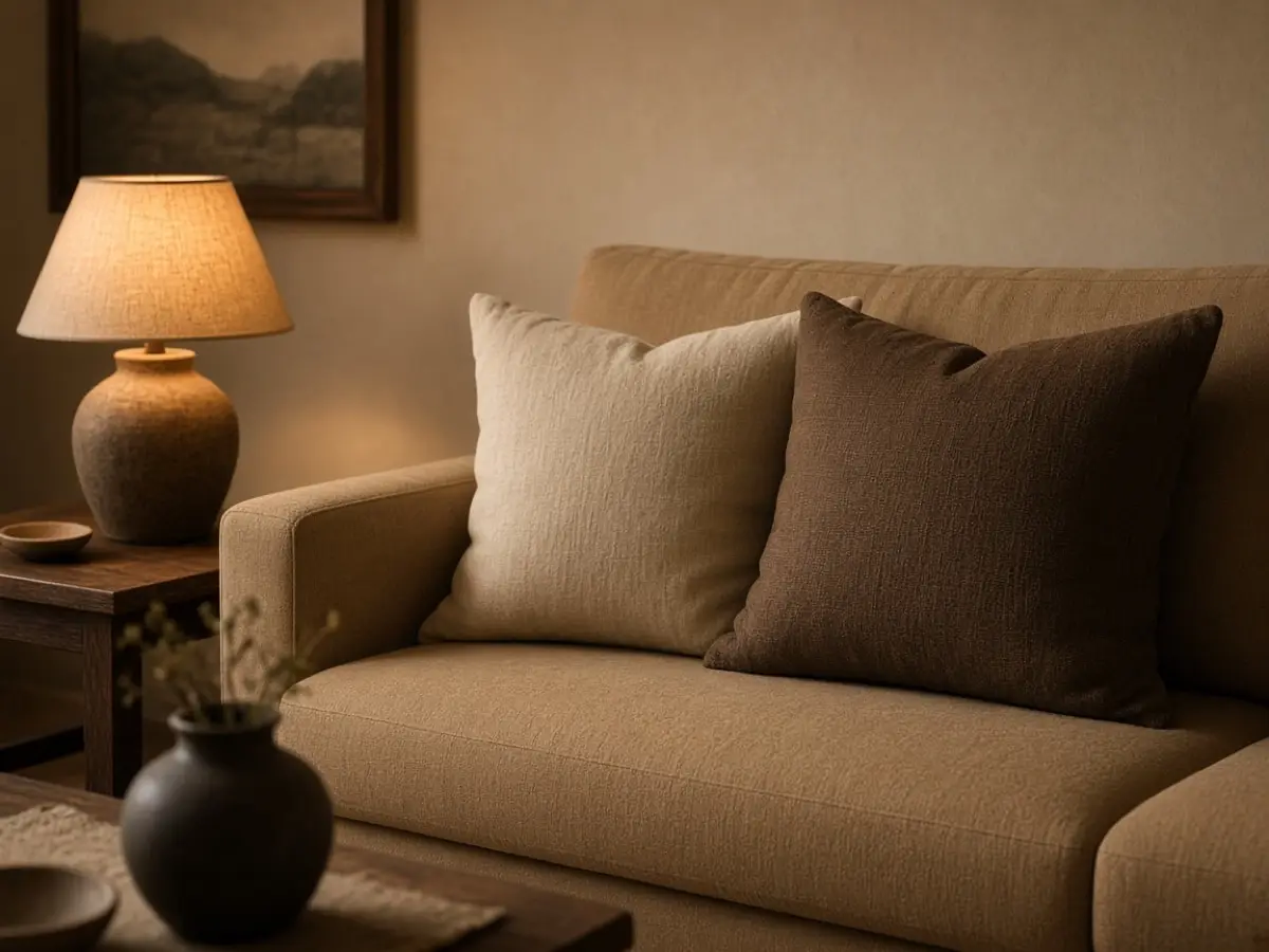 One deep brown pillow on a camel sofa beside a beige cushion