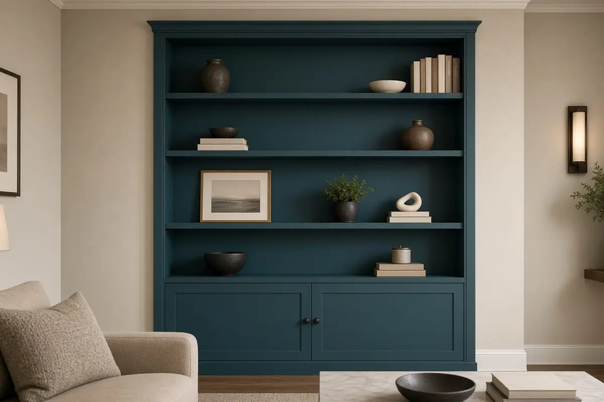 Deep teal painted bookcase back in a beige room