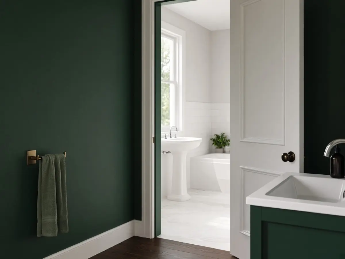 A deep green wall behind a bathroom door, white fixtures in the light