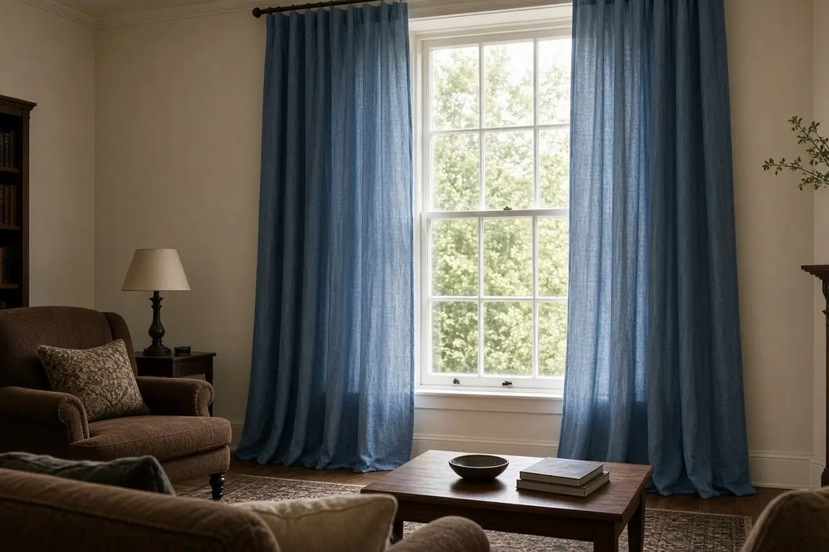 Denim blue curtains hung high on a north window