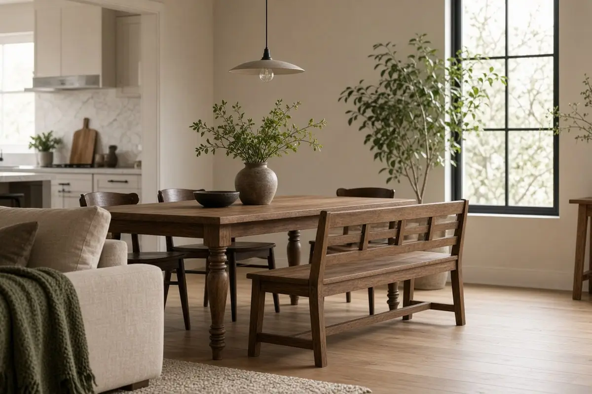 Dining bench tucked under a table facing the living area
