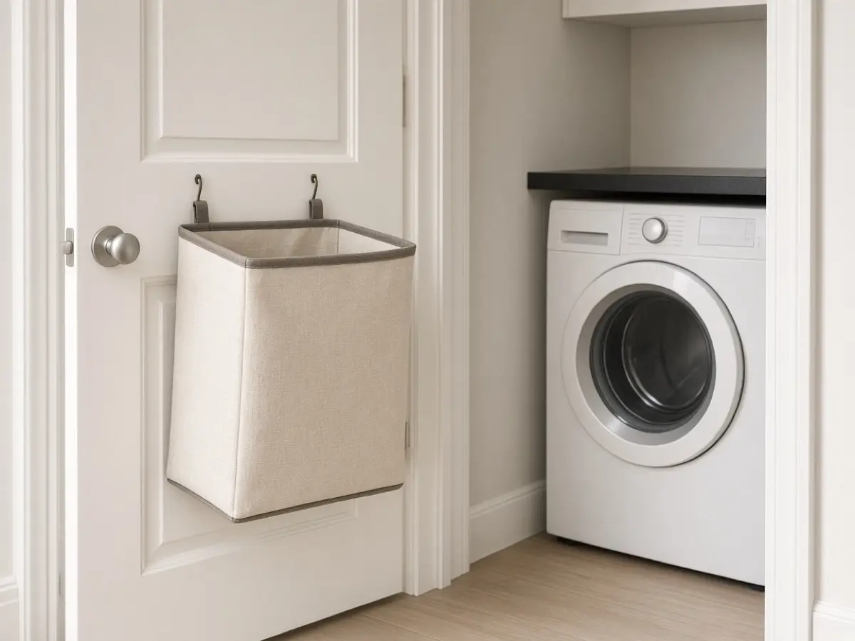 A canvas hamper hanging on the inside of a laundry nook door, floor left clear