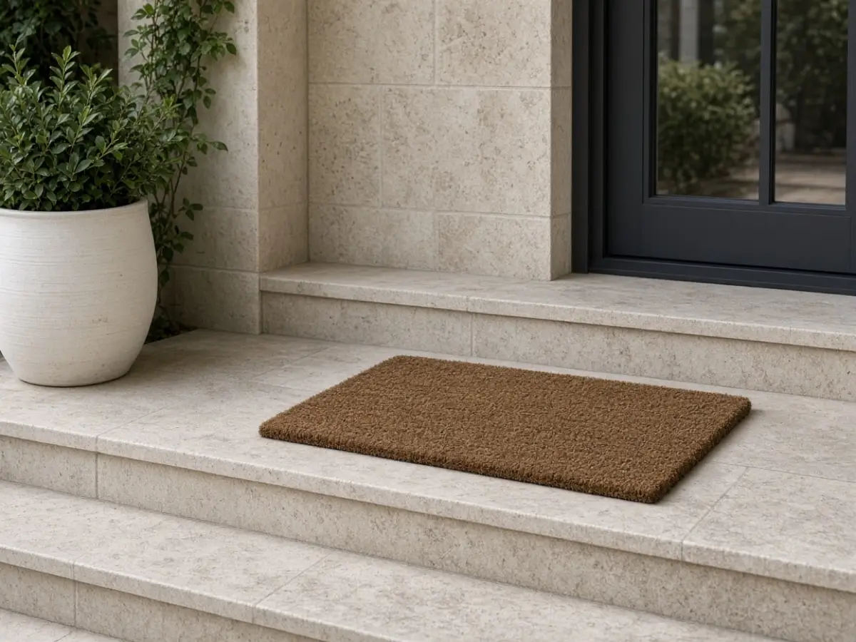 A plain coir doormat on a clean front step, no extra pumpkins
