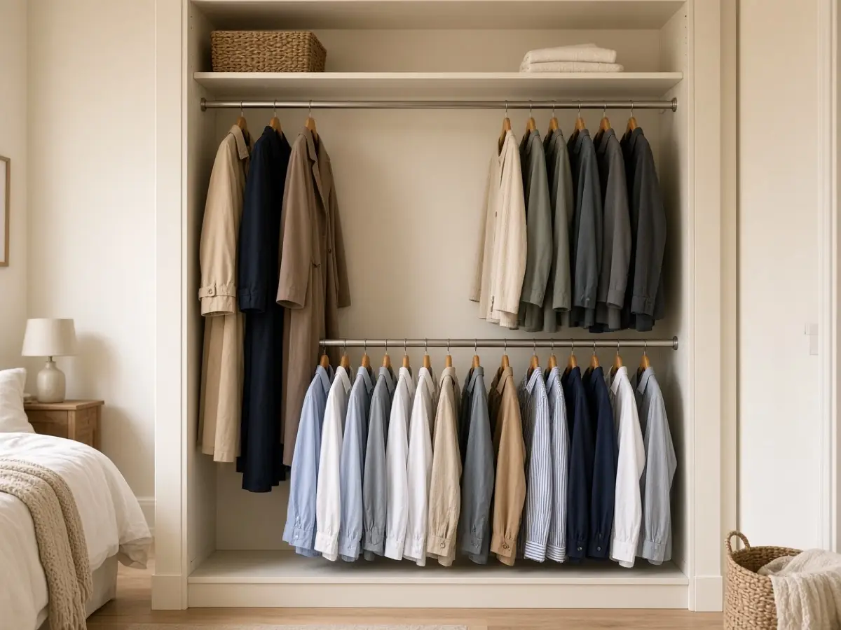 A closet with two rods, shirts on the lower rod and longer clothes above