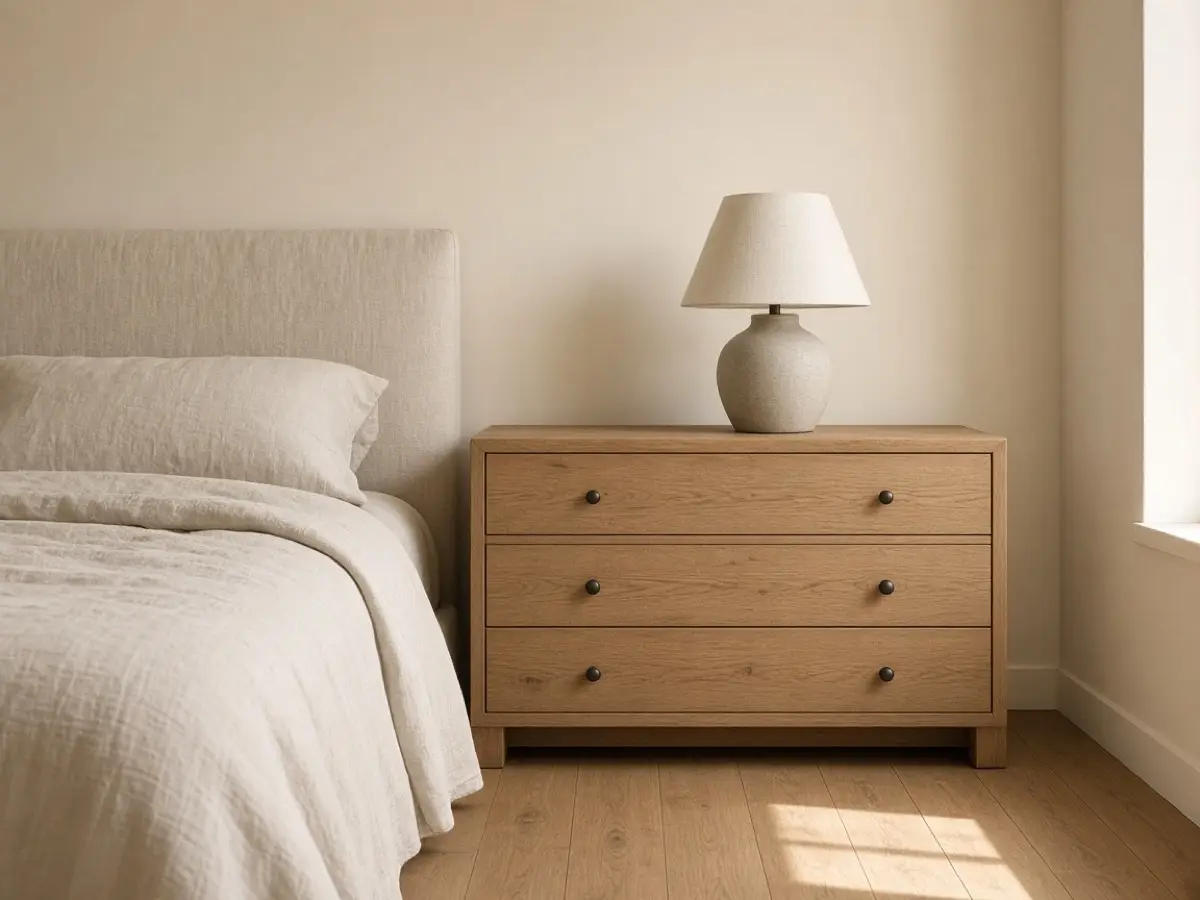 A low oak dresser used as a nightstand beside a linen bed