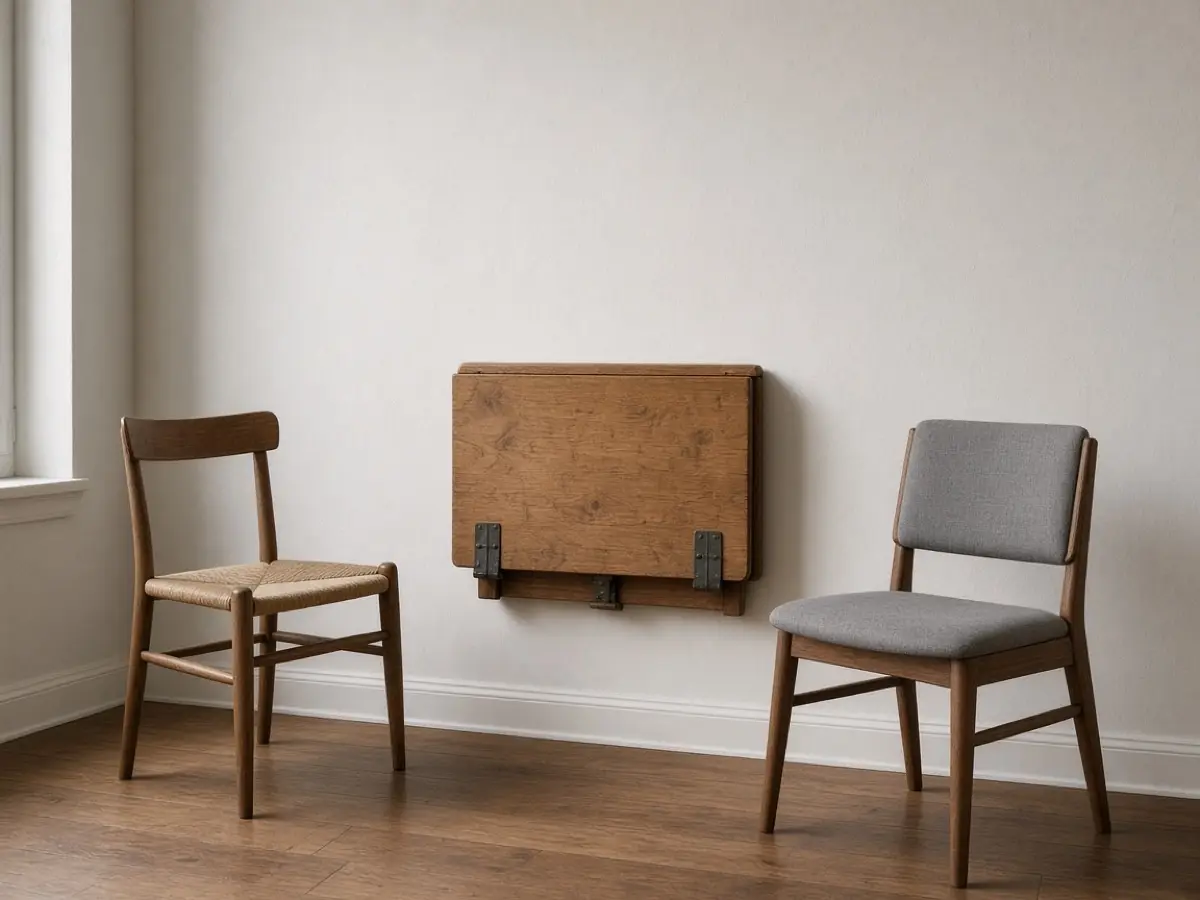 A drop-leaf table folded against a studio wall beside two chairs