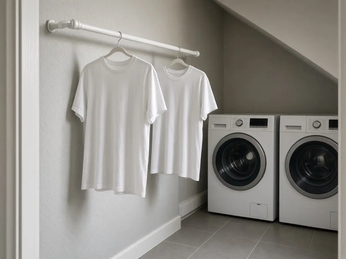 A tension rod with two shirts drying against the side wall of a laundry nook