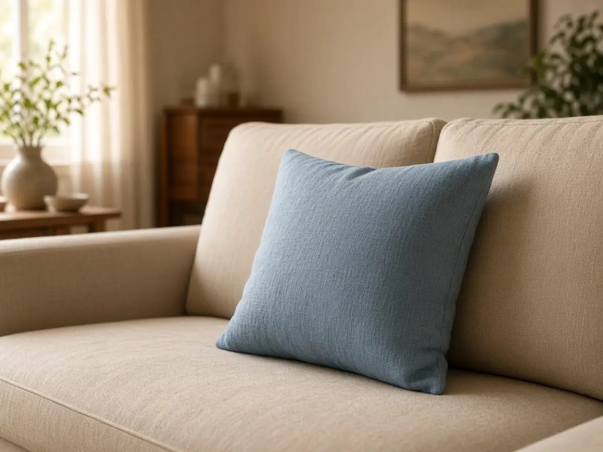 A dusty blue linen pillow on a beige sofa, no stripes
