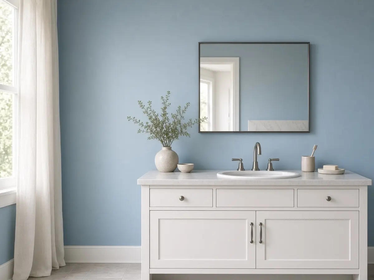 A dusty pale blue wall opposite a white vanity and mirror