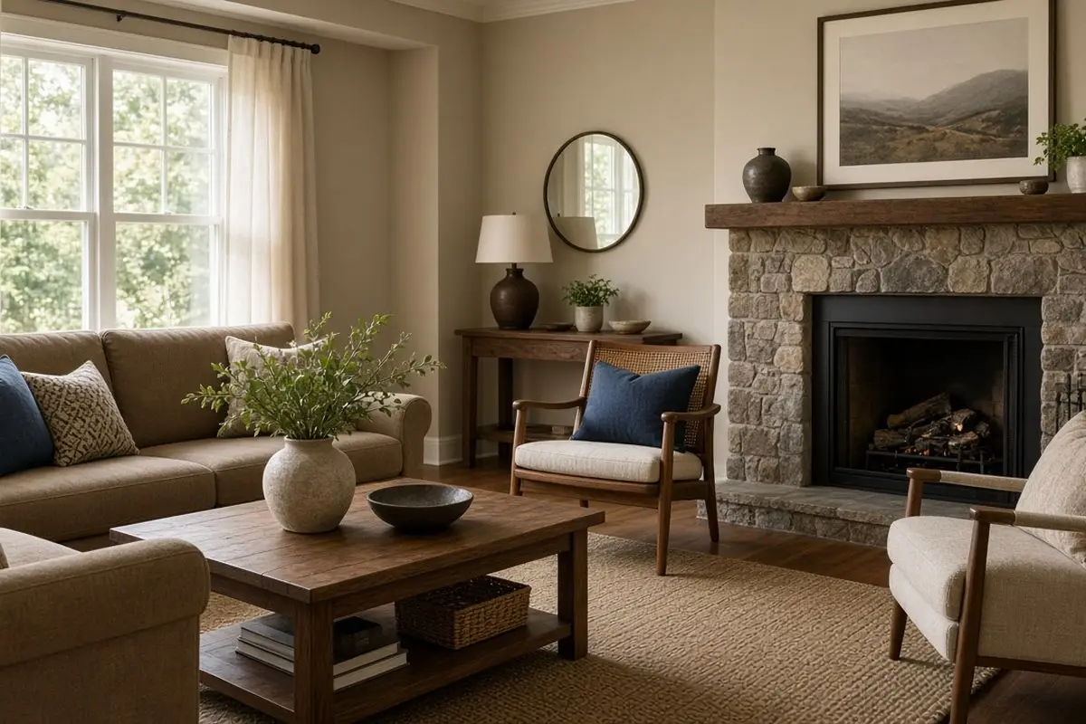 Earth tone living room with tan, brown, and a touch of blue
