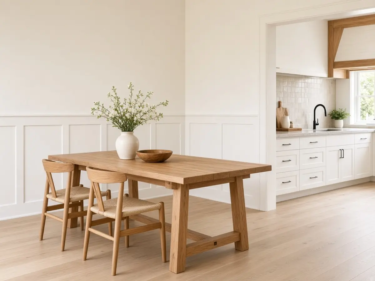 Board and batten on the dining side of a kitchen wall