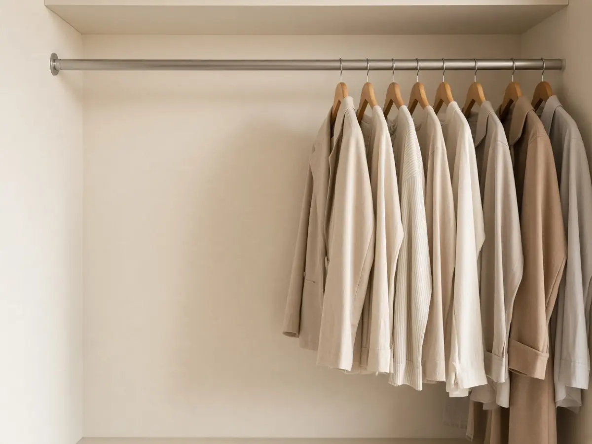 A half-empty closet rod with even wooden hangers and clear space at one end