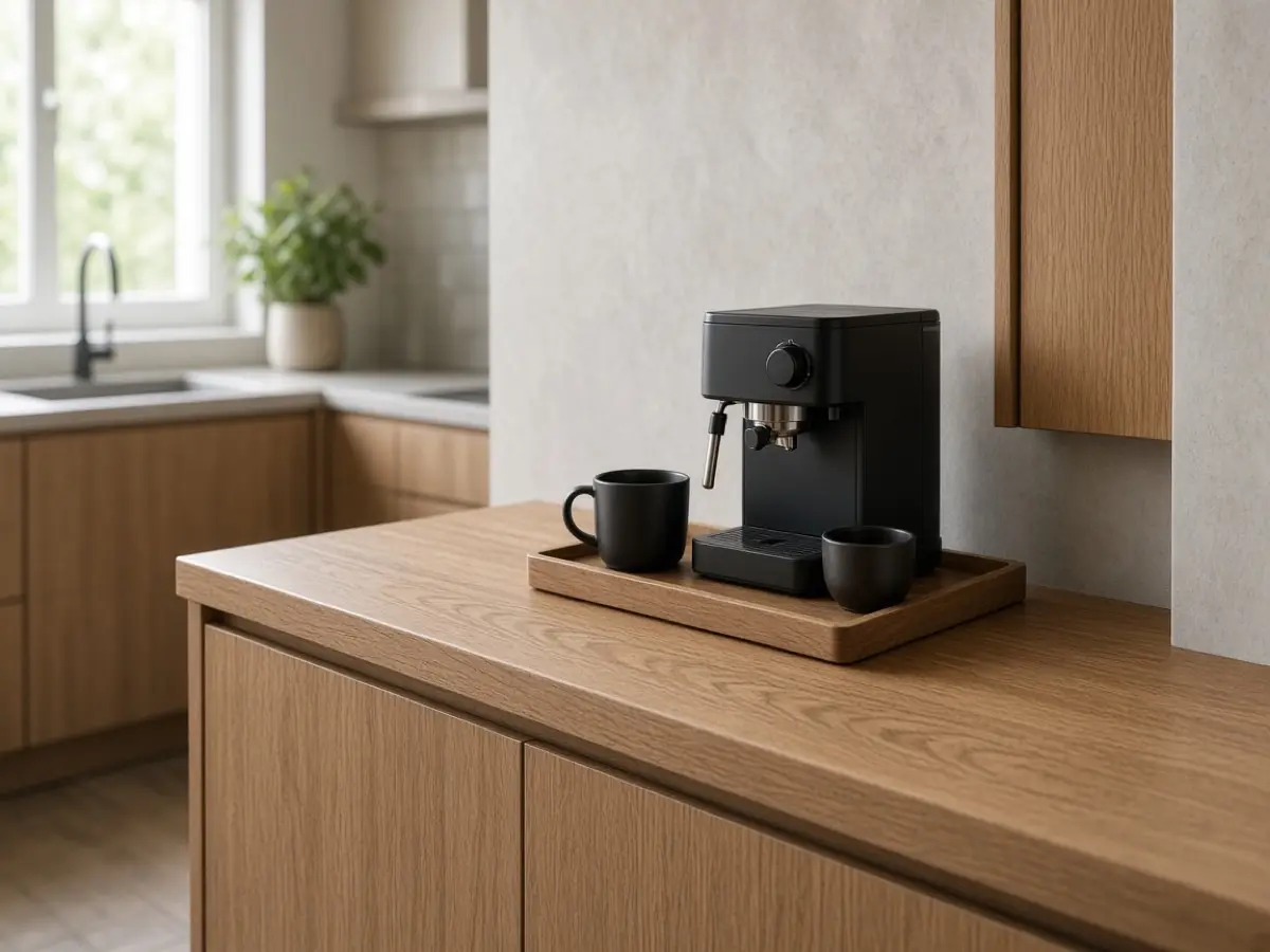 An 18-inch coffee setup at the end of an oak counter, clear of the sink