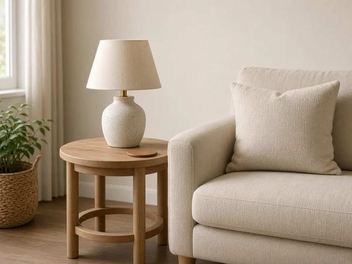 A small round side table holding only a ceramic lamp and a single coaster