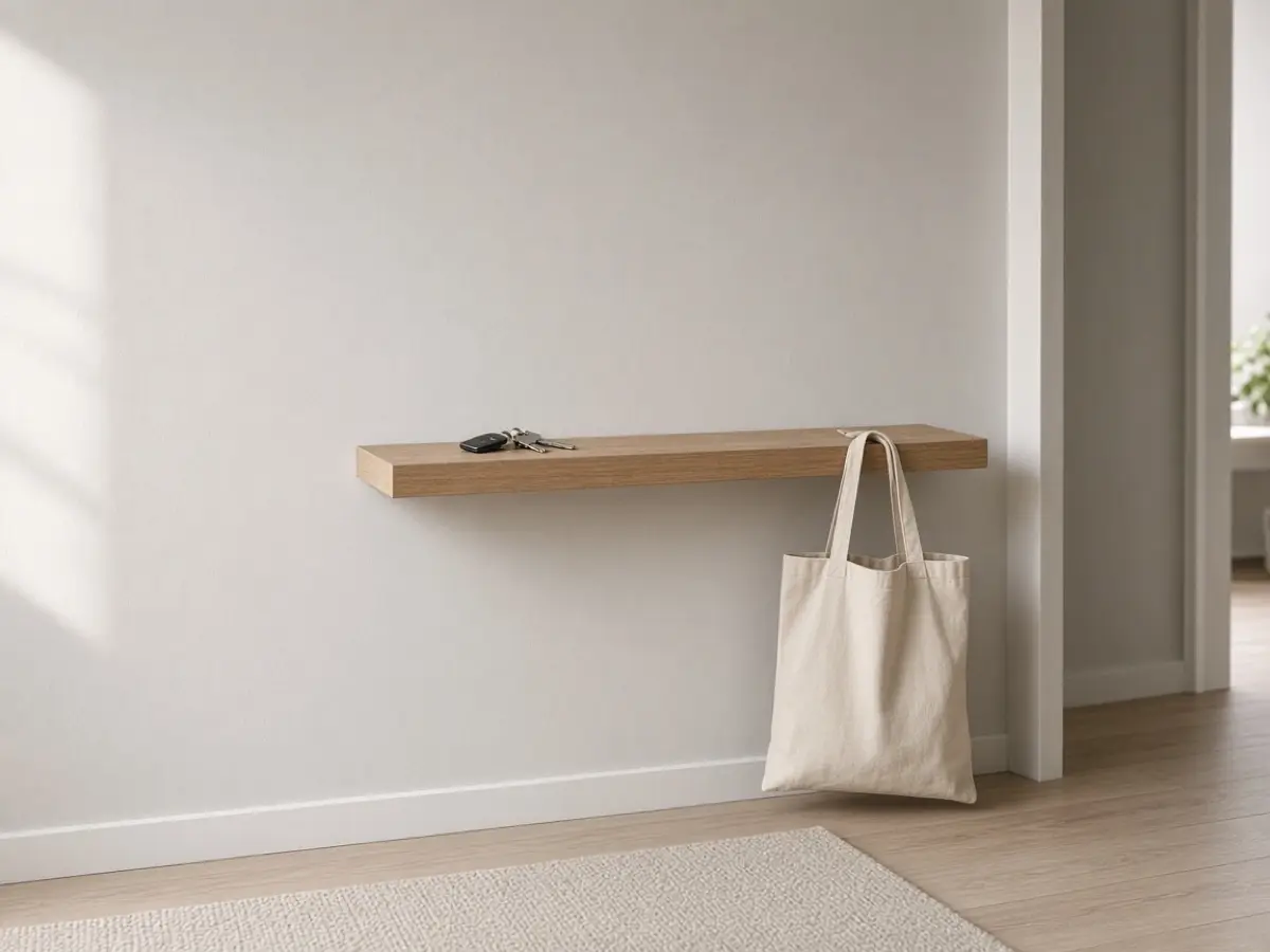 A narrow entry shelf with keys and one tote, walls left bare