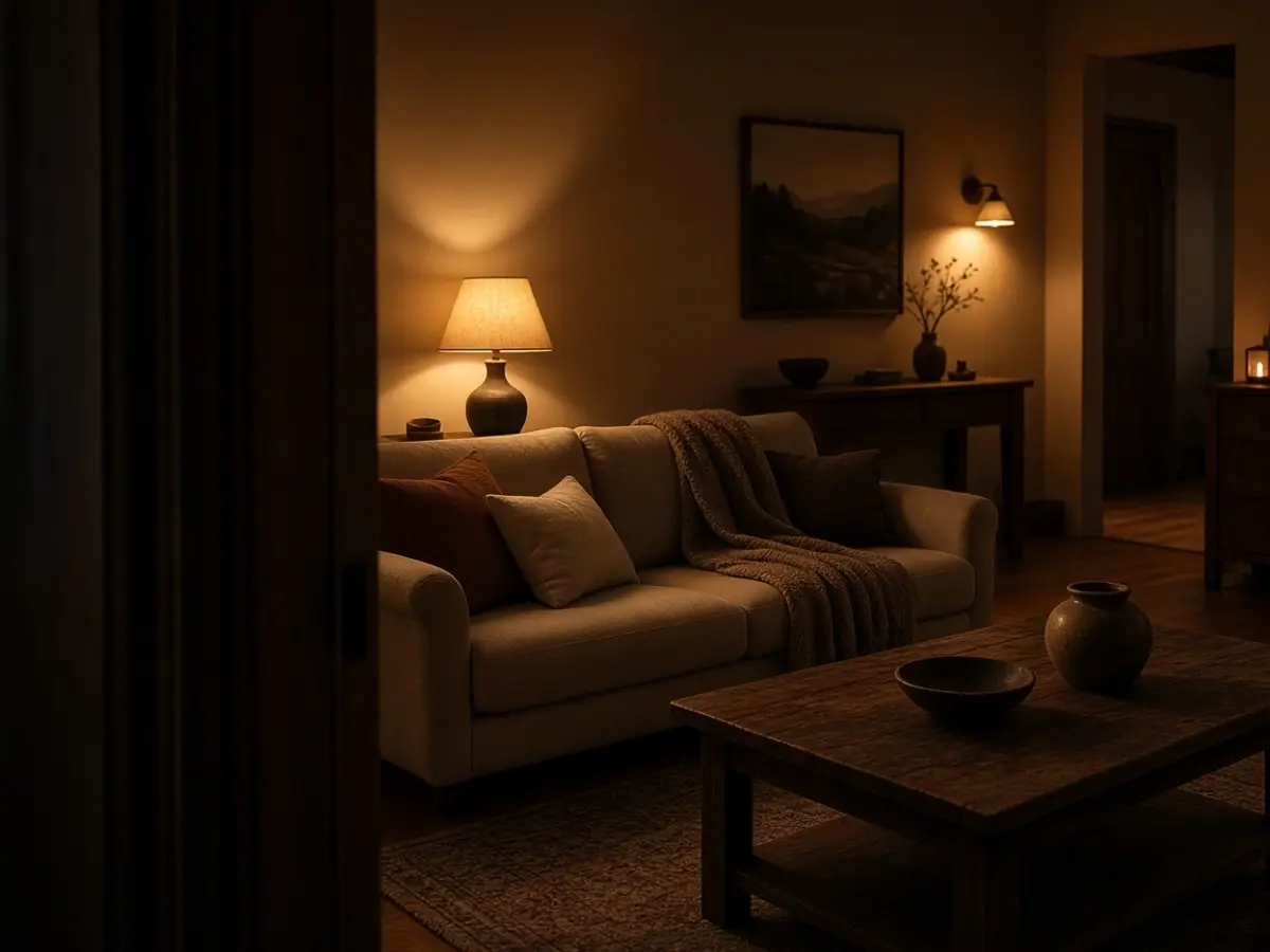 A doorway view of a brown and beige living room at night