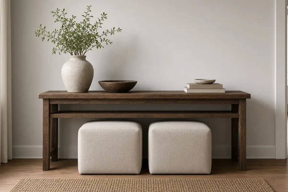 Two cube ottomans tucked under a console table