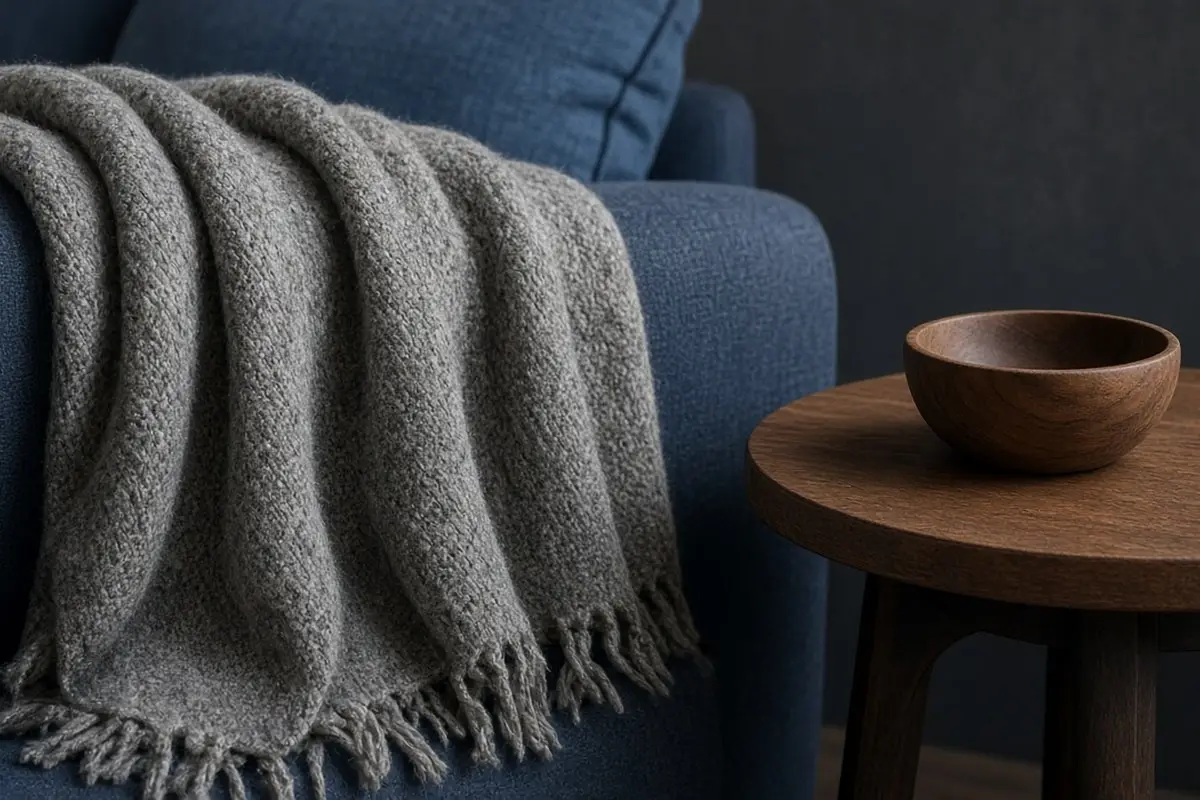 Gray wool throw on a sofa arm with a wooden bowl nearby