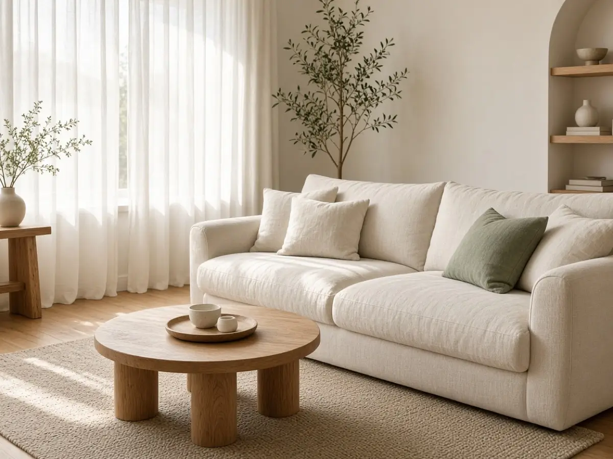 A quiet cream living room with open tabletops after extra objects were cleared away