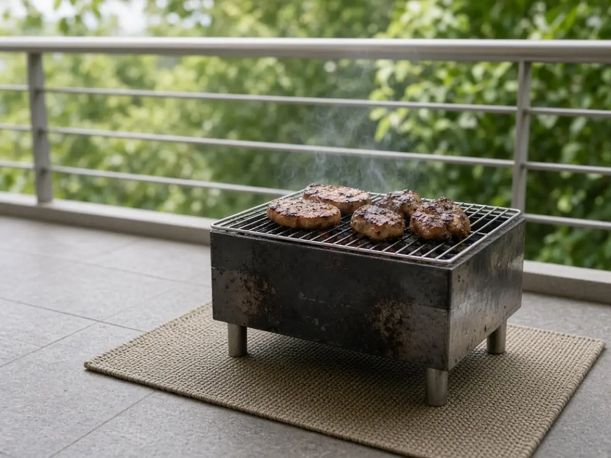 A small grill on a mat on the balcony floor, nothing hanging on the rail