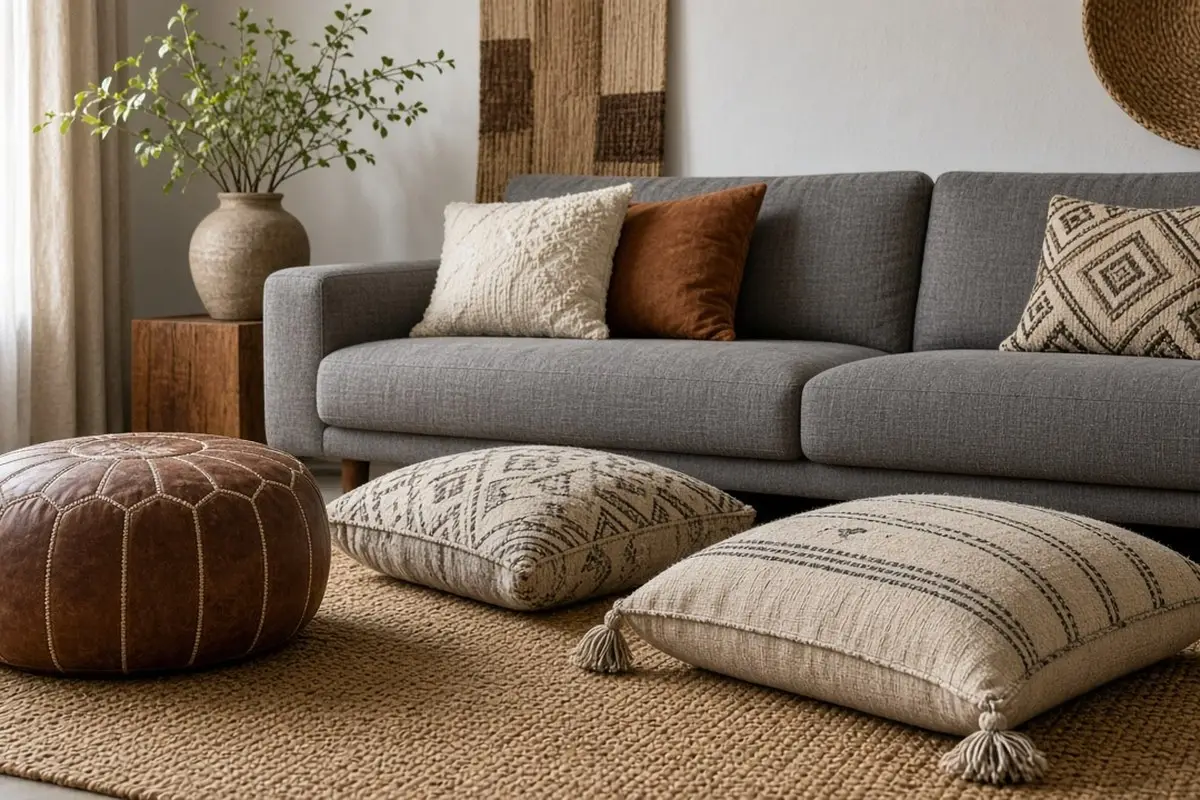 Leather pouf and floor cushions in front of a gray sofa