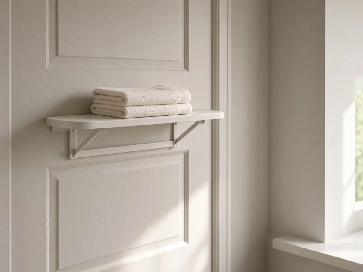 A slim folding board on a laundry door, with a small stack of folded towels