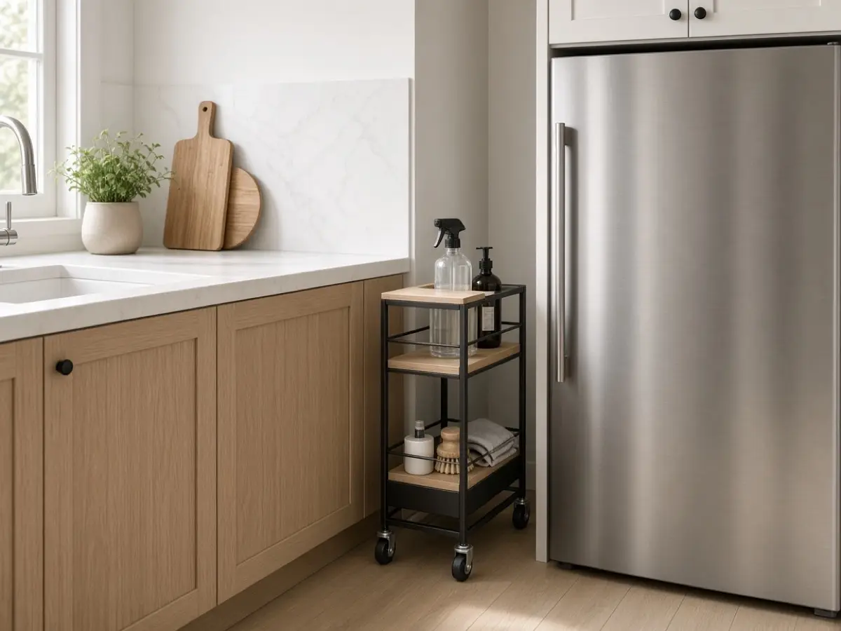 A slim rolling caddy in the gap beside a refrigerator