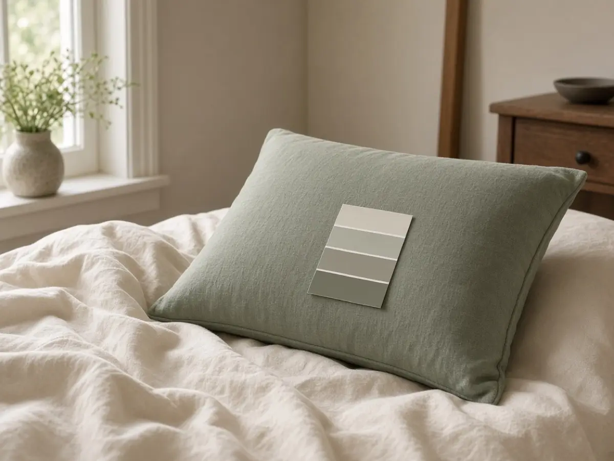 A view from the pillow toward sage walls and a warm lamp