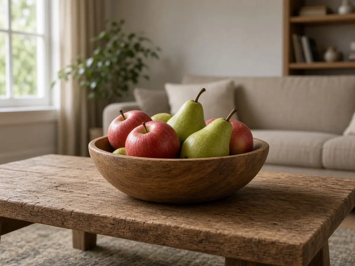 A wood bowl of apples and pears on a coffee table