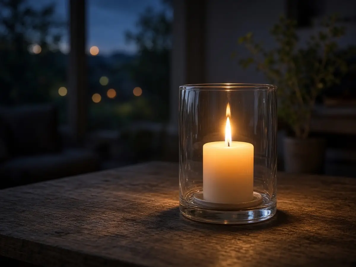 A candle inside a clear glass holder on a wood table away from the door