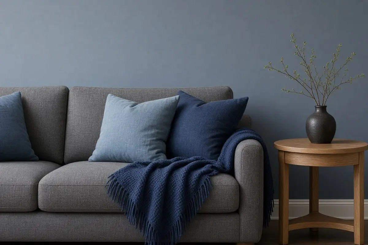Gray sofa with three shades of blue pillows and wood legs