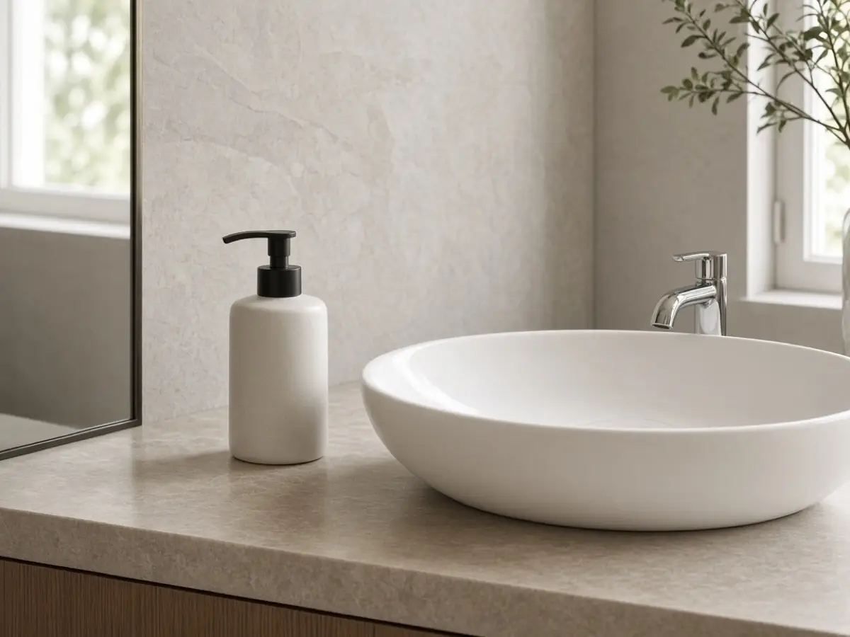 A simple soap pump on the counter beside a small white sink