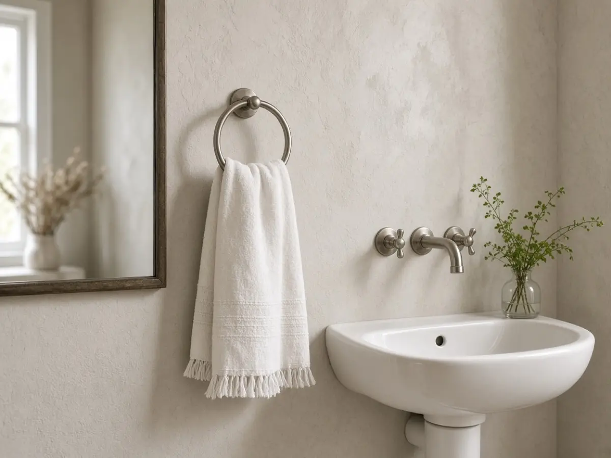 A cotton hand towel on a ring beside a white powder room sink